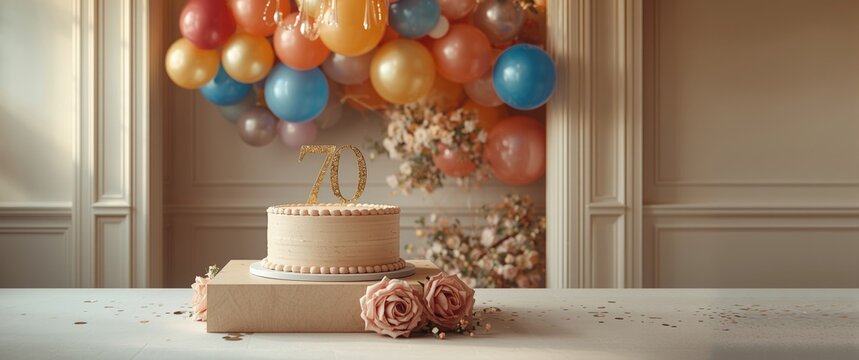 Elegant Seventy Birthday Cake Display Festive Party Room, Balloon Dcor, Warm Ambiance