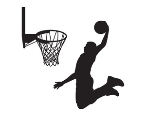 Basketball player slam dunk silhouette vector, male athlete scoring ball in hoop, dynamic motion sports action, transparent background illustration © Alamin by vision 2