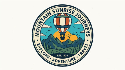 Naklejka premium Mountain Sunrise Journeys Explore Adventure Travel Vector Badge featuring Hot Air Balloon flying over Green Ridge