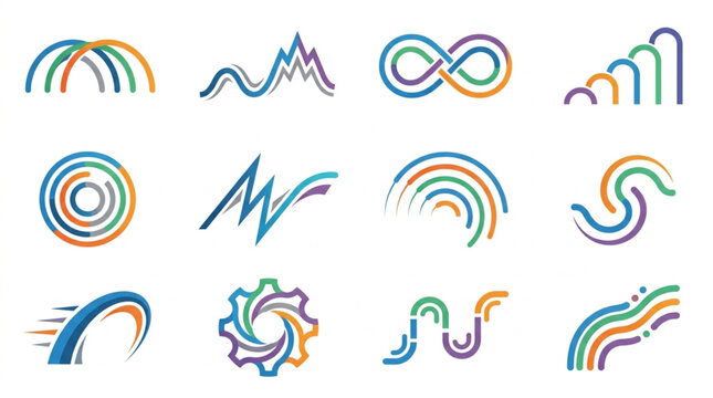 Collection of abstract colorful graphic design elements and symbols.