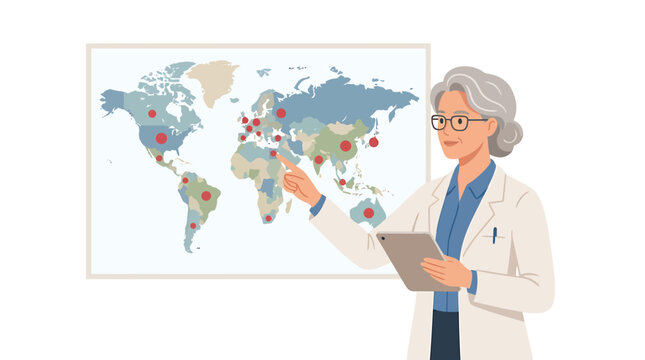 Female Epidemiologist Pointing at World Map Hotspots