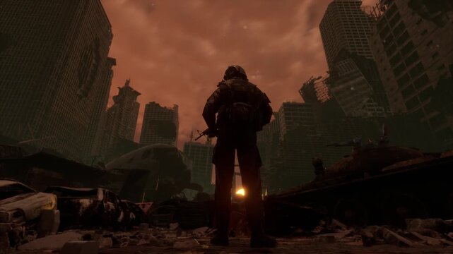 Tactical soldier walks slowly through the rubble of a destroyed city with a glowing red sunset behind skyscraper ruins.