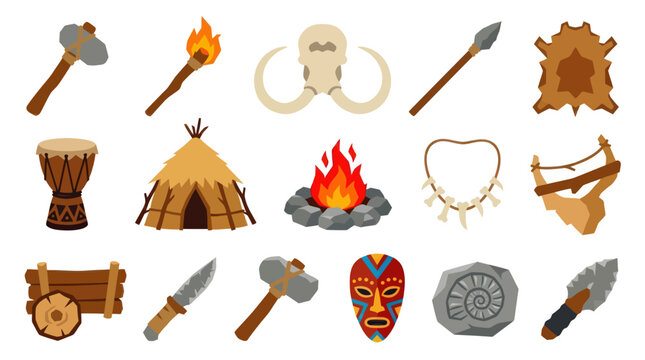 Prehistory Stone Age Flat Vector Icons Set. Ancient Human Tools, Weapons, Shelter, and Cultural Elements Collection.