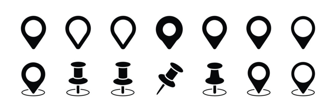 Location map pin icons GPS navigation markers place pinpoint position symbol vector illustration set