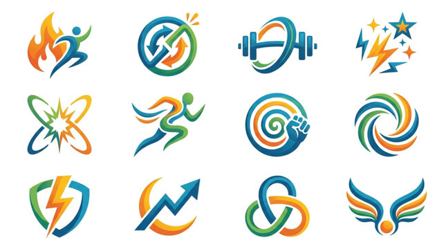 Collection of abstract modern business and fitness logos and icons.