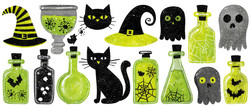 Gruselige Halloween-Sammlung mit Hexenh&uuml;ten, schwarzen Katzen und Geistern im strukturierten Illustrationsstil