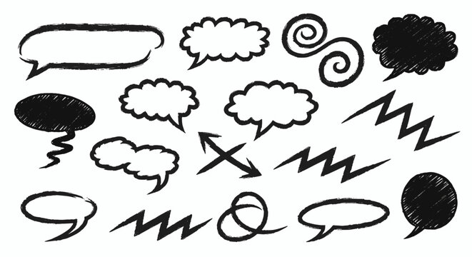 Hand-drawn white chalk style speech bubble vector illustration on black background, textured chalkboard effect dialogue cloud for comic and presentation design elements.