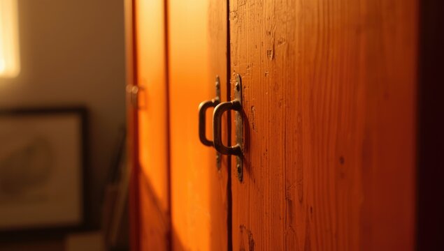 bright orange distressed wood cabinet with metal handles