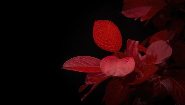 Bold red jathropa leaves contrasted by a sleek black background highlighting natural grace