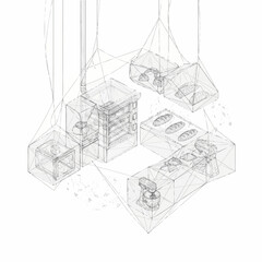 Obraz premium Architectural concept drawing of suspended modular units.