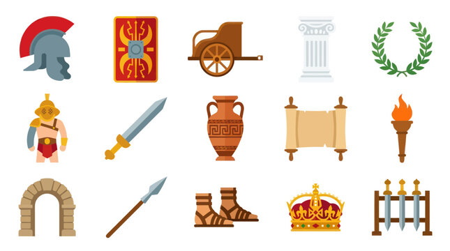 Ancient Roman and Greek History Flat Vector Icon Set. Classical Civilization Symbols and Artifacts.