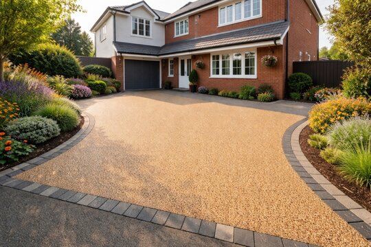 Recently completed resin driveway with decorative aggregate in front of a family home