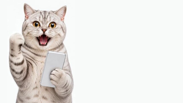 Success reaction British shorthair cat holding smartphone, horizontal video with copy space