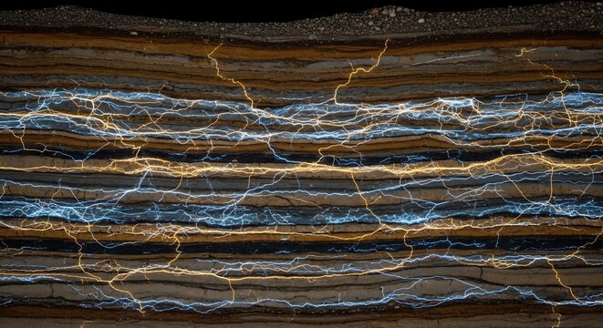 Abstract Macro Texture of Layered Rock with Veins of Blue and Gold.