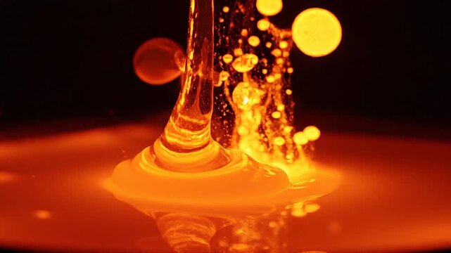 Flowing lava lamp video with bright oranges concept. Close up of molten glass glowing orange during glassblowing process with bright hot liquid and reflections