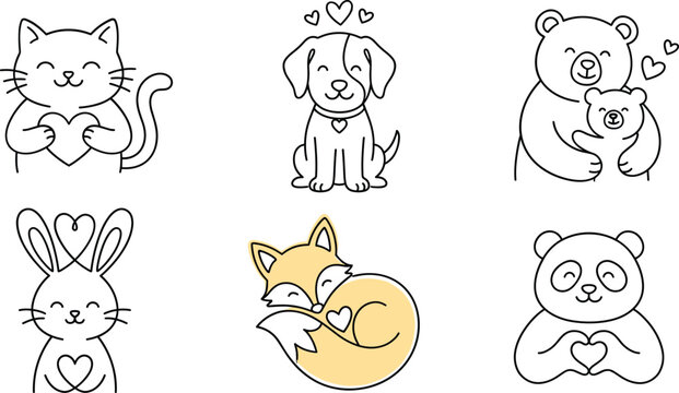 Cute animal line art vector illustration collection featuring cat dog bear rabbit fox and pandaCute animal line art vector illustration collection featuring cat dog bear rabbit fox and panda