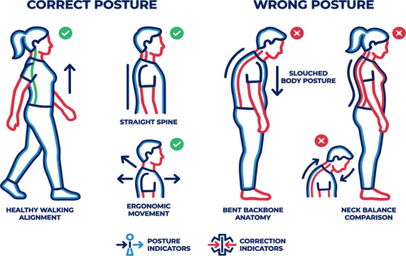 Correct and Wrong Posture Infographic Vector Illustration Featuring Healthy Spine Alignment, Ergonomic Standing Positions, Slouched Back Comparison, and Body Balance Education