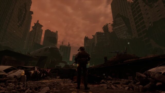 Wide cinematic panorama of a ruined city with rusty tanks in the rubble and a fiery red sun setting behind destroyed towers.