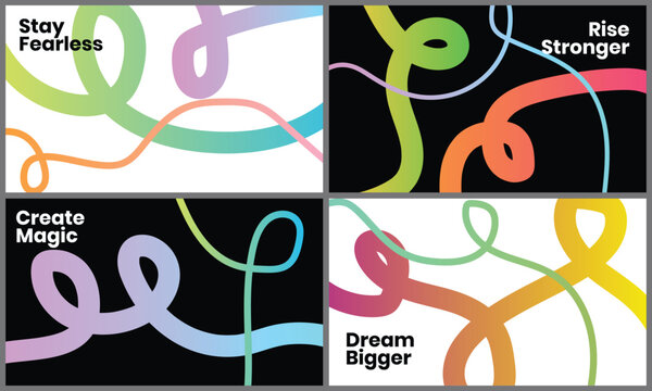 Four modern abstract banners with vibrant looping ribbons and inspiring quotes on brightly lit black and white backgrounds.