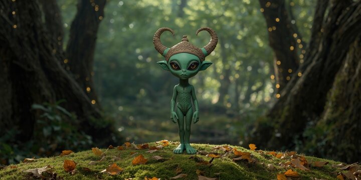 Clay sculpture of an alien with a decorated horned hat in natural forest setting