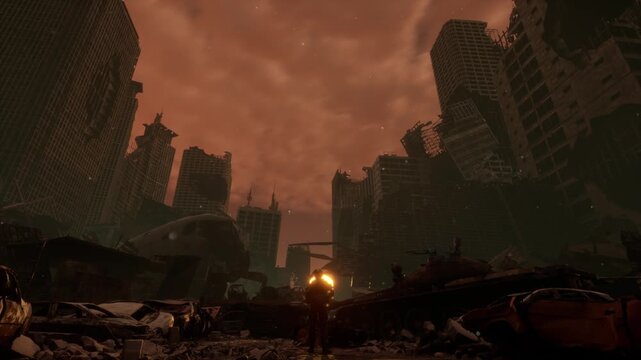 Apocalyptic city ruins filled with destroyed buildings, burning cars, and debris. Cinematic dystopian environment.