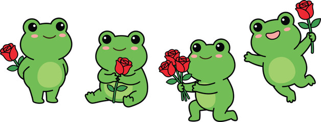 Obraz premium Cute cartoon frog characters holding red rose flowers in loving romantic poses vector illustration set