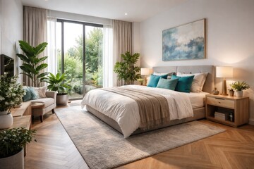 Fototapeta premium Modern bedroom design showcasing parquet flooring, turquoise cushions, indoor plants, and bright window illumination