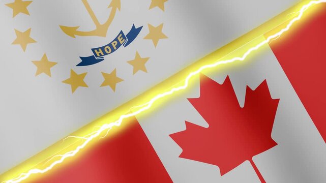 Two waving flags USA State of Rhode Island and Canada with diagonal lightning seamless, 4k loop