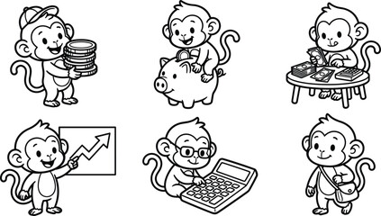 Cute cartoon monkey characters handling money coloring book setCute cartoon monkey characters handling money coloring book set © Akramul