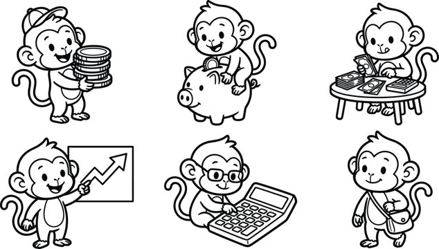 Cute cartoon monkey characters handling money coloring book setCute cartoon monkey characters handling money coloring book set