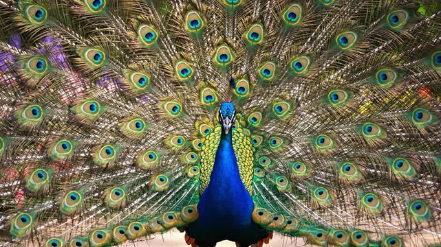 Majestic Peacock Displays Vibrant Fanned Tail Feathers