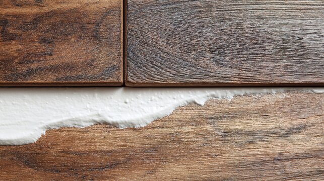 sealant. Smooth white sealant bead filling a gap between dark wood planks. safety posters, maintenance manuals, designed for precision metalworking and fabrication facilities, clarifies operation.