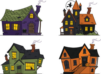 Naklejka premium Spooky Haunted House Vector Icon Set Featuring Cartoon Halloween Mansions Creepy Cottages Witch Silhouette Jack O Lantern and Black Cat Elements