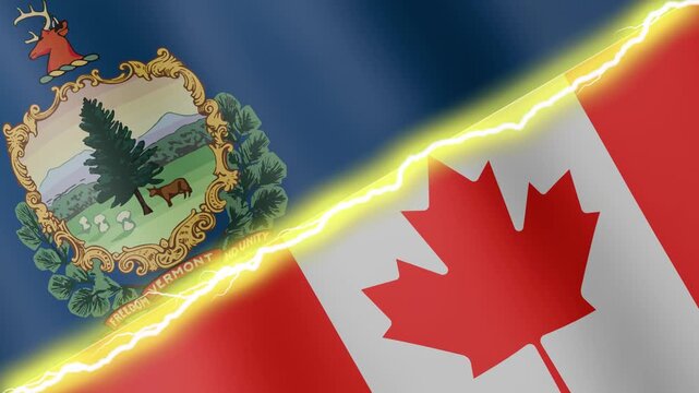 Two waving flags USA State of Vermont and Canada with diagonal lightning seamless, 4k loop