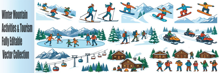 Winter Mountain Activities and Tourism Vector Collection, Skiing and Snowboarding Outdoor Sports Icons, Alpine Resort Vacation Elements © s graphics 
