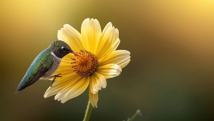 Fototapeta premium A small hummingbird enjoying nectar of a sunny yellow flower visualized with AI