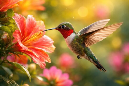 Ruby throated hummingbird hovering near radiant flower background