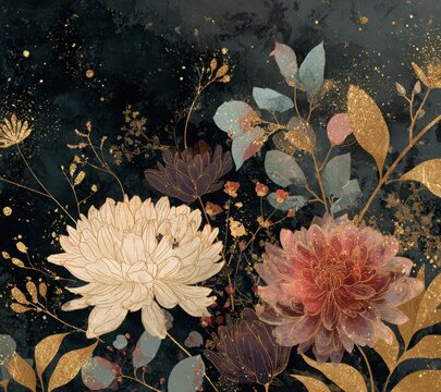 Elegant, dreamy seamless repeatable pattern featuring pink dark floral background with golden glitter