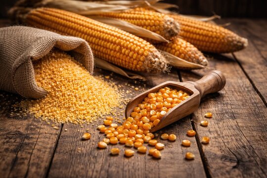 Selective focus on natural rustic wood table with corn groats seeds and dry corncobs