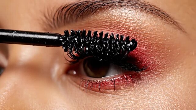 Woman applies black mascara to eyelashes. Close up shot shows vibrant red eyeshadow and detailed lash application. Perfect for beauty tutorials and makeup advertisements.