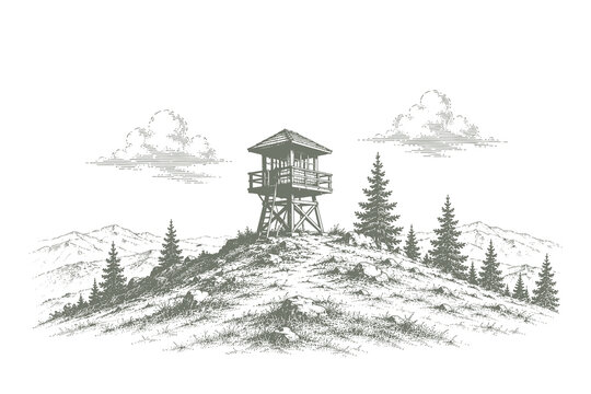 Vintage line art vector illustration of a wooden fire lookout tower standing atop a steep rocky mountain peak surrounded by pine forests