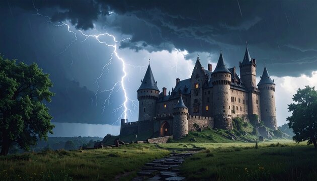 Ultra realistic medieval castle surrounded by violent storm clouds and intense lightning strikes near ancient stone towers. Epic cinematic fantasy atmosphere with heavy rain, powerful winds, wet stone