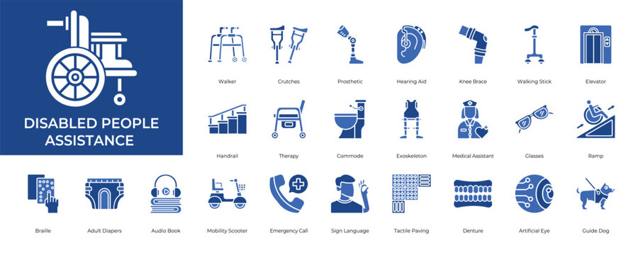 Disabled People Assistance Icon set Collection in Glyph Two Color Style. wheelchair, walker, hospital, medical, rehabilitation