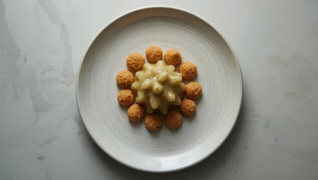 Birds eye perspective of okra soup and eba arranged on a simple white plate