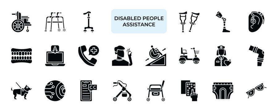 Disabled People Assistance Icon set Collection in Solid Glyph Style. wheelchair, walker, hospital, medical, rehabilitation