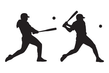 Fototapeta premium Baseball players swinging bat icon set, batter hitting action silhouette sports pose elements, vector illustration, white background