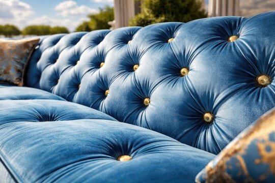 Tufted sofa closeup showcasing gold button accents and bright blue fabric under sunny skies
