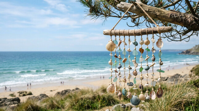 Beach shell wind chime hanging near ocean waves on sunny day, with copy space