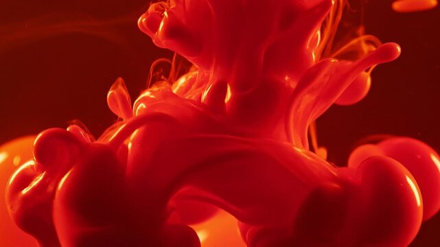 Abstract red liquid ink swirling in water with vibrant shapes and smooth flow effect