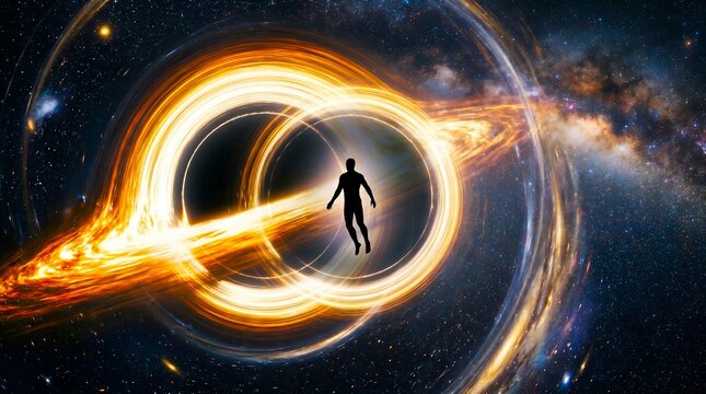 Human silhouette floating in front of a massive black hole with a glowing orange and yellow accretion disk in the vastness of deep space